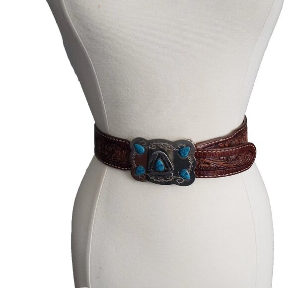 Tony Lama Western Rodeo Tooled Leather Belt Silver Turquoise Buckle main image 13